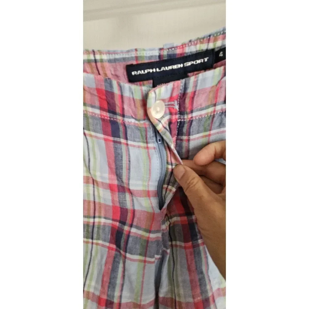 Ralph Lauren Sport Size 4 Women's Linen Flat Front‎ Multicolor Plaid Shorts Red